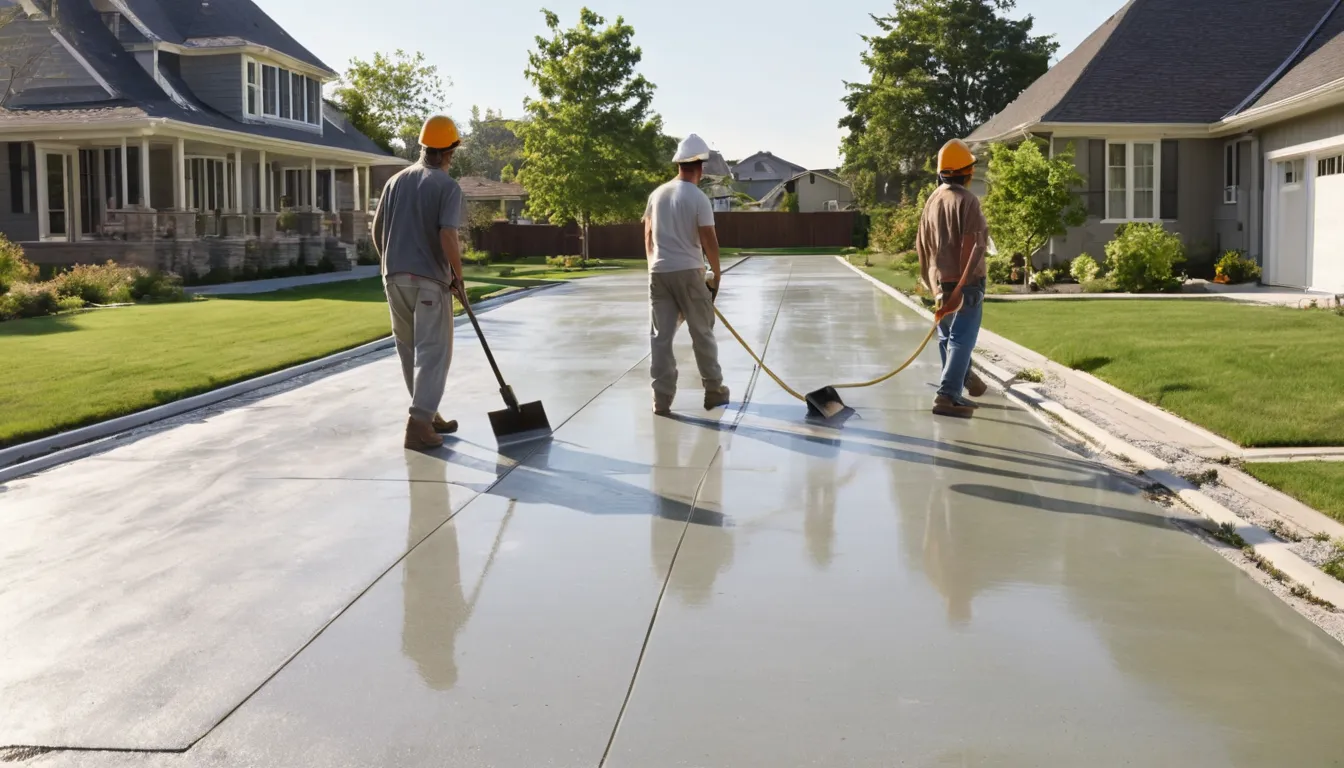 A new broom-finished concrete driveway leading to a ranch-style home in the Raymore area