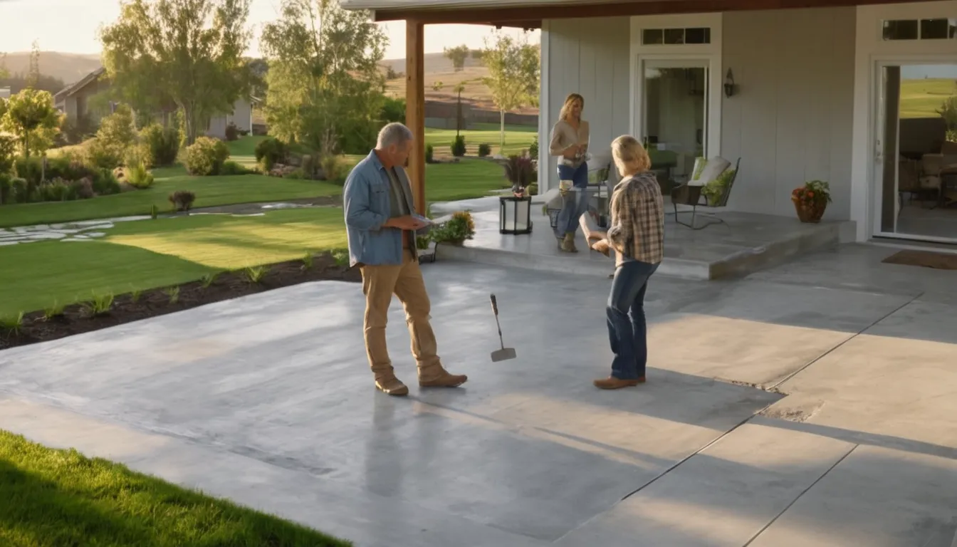 Homeowner couple reviewing a freshly finished concrete patio with a local provider in the Raymore area