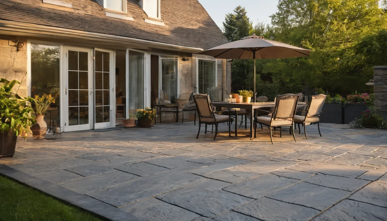 A stamped concrete patio behind a frame house in the Raymore area